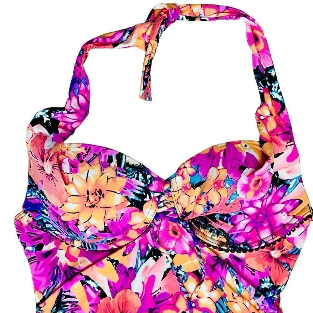 Coco Reef Pink Tropical Floral Pink Swimsuit Soft Cup Underwire Adjustable Top 8